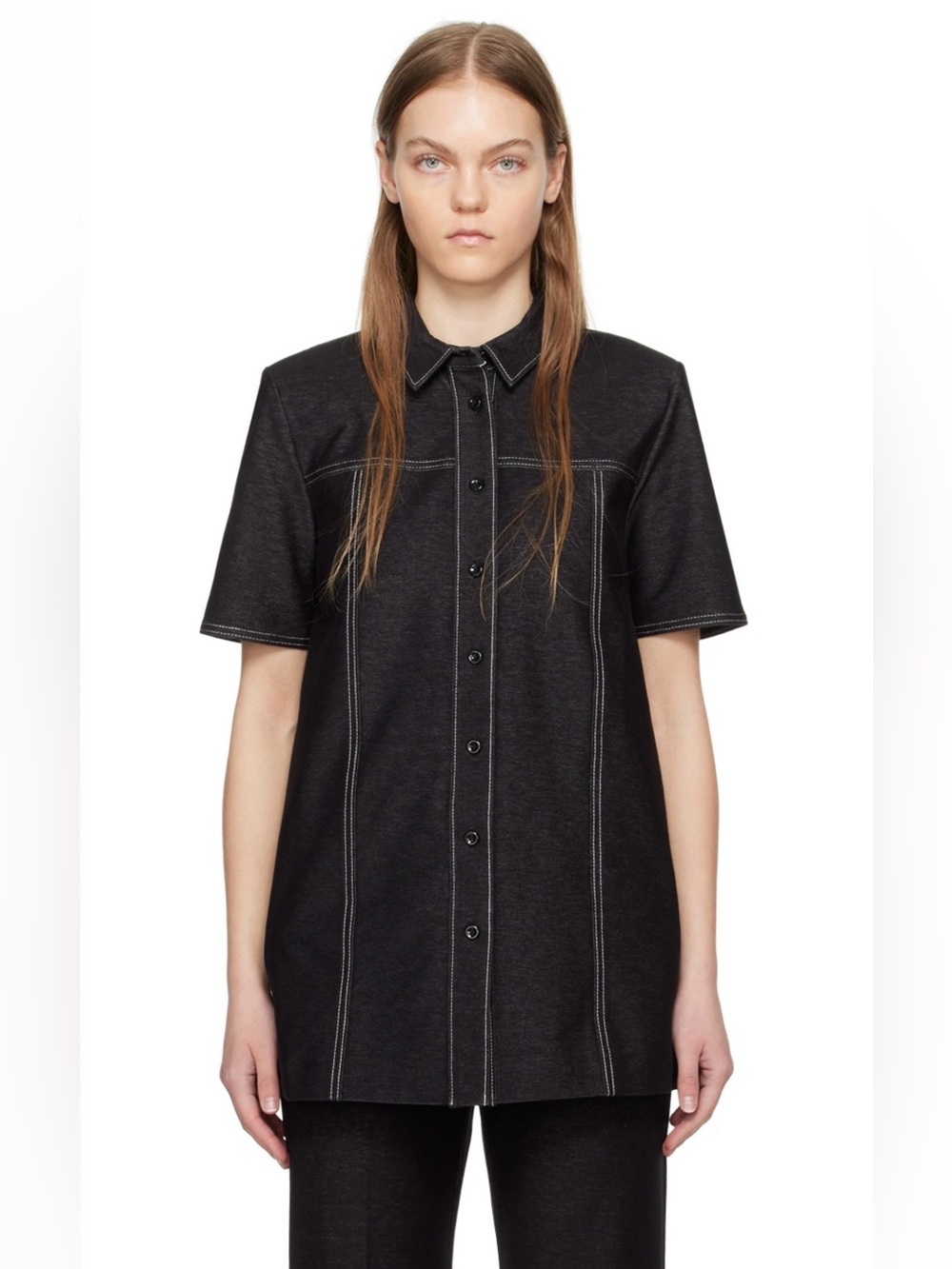 MaxMara Leisure Black Rea Shirt Stretch Short-Sleeve Top Padded Shoulders